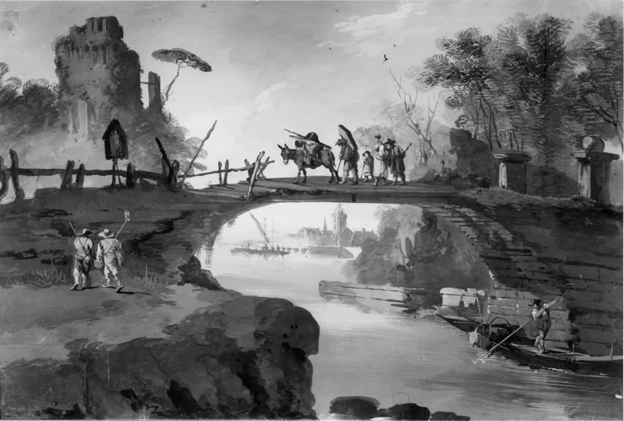 Veduta di fantasia con ponte e viandanti